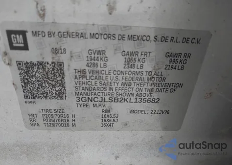 2019 Chevrolet Trax Lt из США, поврежденный, VIN 3GNCJLSB2KL135682